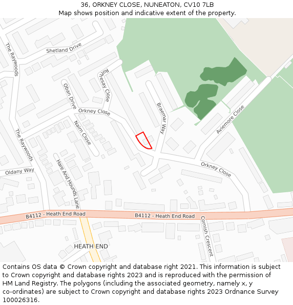 36, ORKNEY CLOSE, NUNEATON, CV10 7LB: Location map and indicative extent of plot