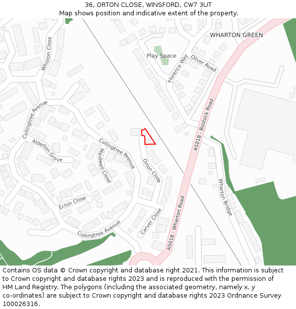 36, ORTON CLOSE, WINSFORD, CW7 3UT: Location map and indicative extent of plot