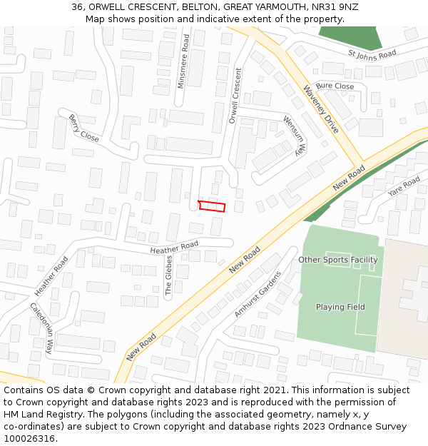 36, ORWELL CRESCENT, BELTON, GREAT YARMOUTH, NR31 9NZ: Location map and indicative extent of plot