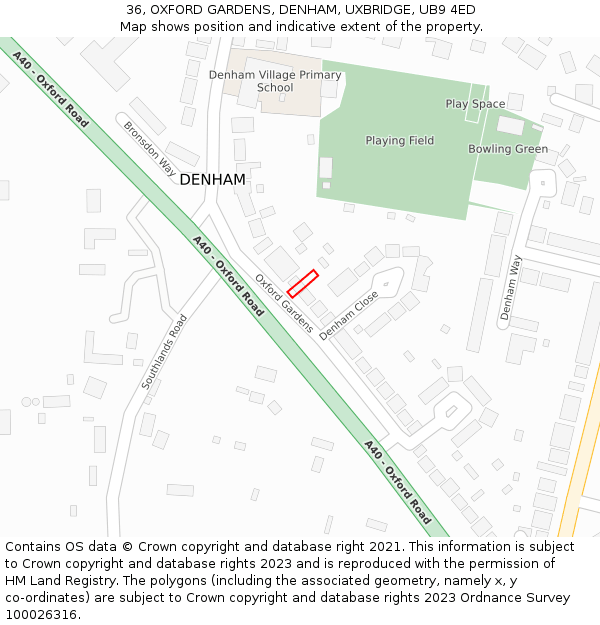 36, OXFORD GARDENS, DENHAM, UXBRIDGE, UB9 4ED: Location map and indicative extent of plot