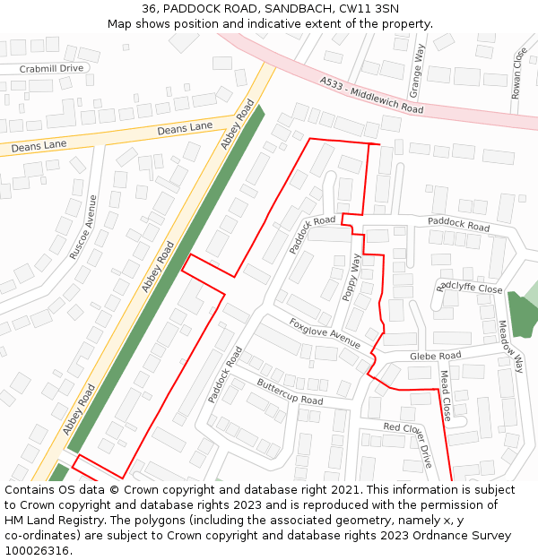 36, PADDOCK ROAD, SANDBACH, CW11 3SN: Location map and indicative extent of plot