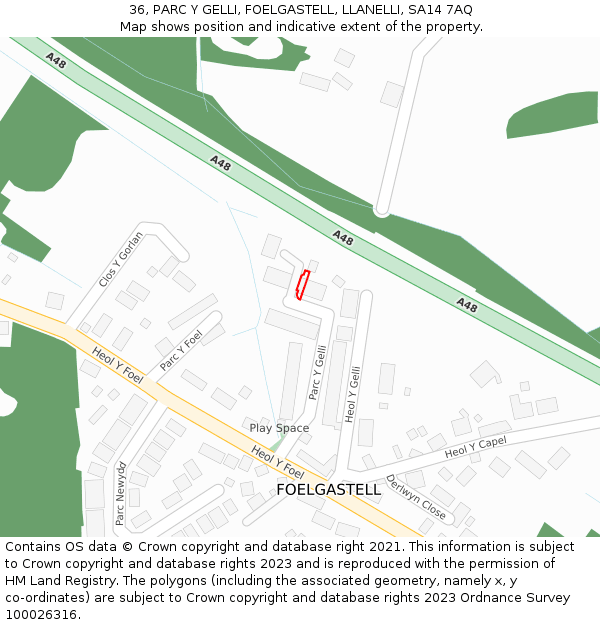 36, PARC Y GELLI, FOELGASTELL, LLANELLI, SA14 7AQ: Location map and indicative extent of plot