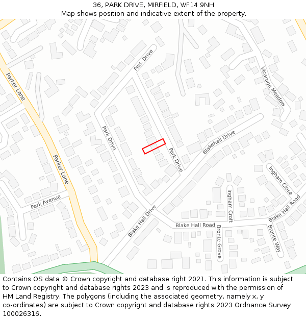 36, PARK DRIVE, MIRFIELD, WF14 9NH: Location map and indicative extent of plot