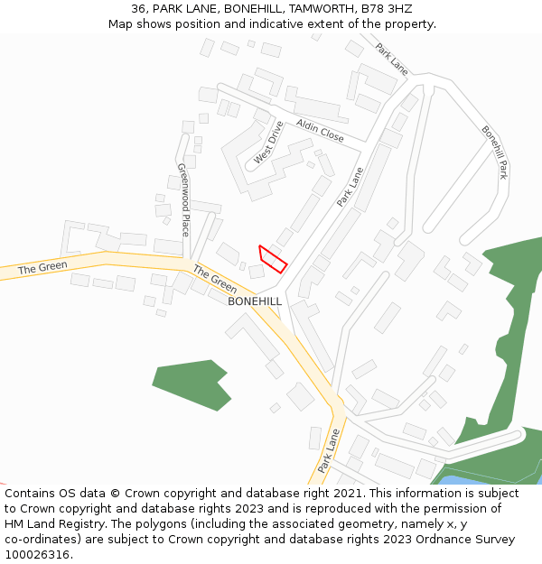 36, PARK LANE, BONEHILL, TAMWORTH, B78 3HZ: Location map and indicative extent of plot