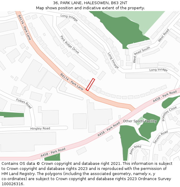 36, PARK LANE, HALESOWEN, B63 2NT: Location map and indicative extent of plot