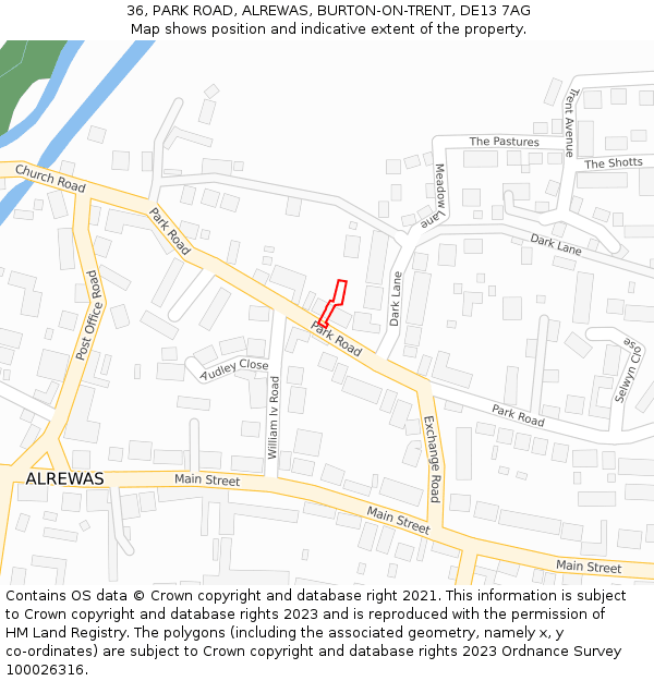 36, PARK ROAD, ALREWAS, BURTON-ON-TRENT, DE13 7AG: Location map and indicative extent of plot