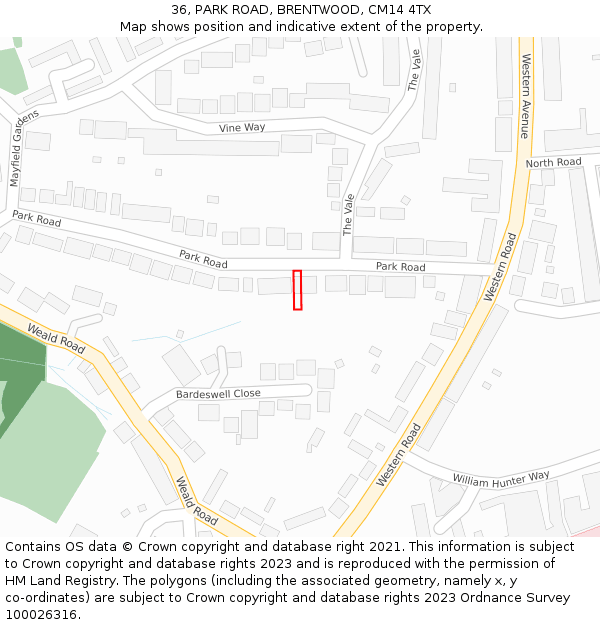 36, PARK ROAD, BRENTWOOD, CM14 4TX: Location map and indicative extent of plot