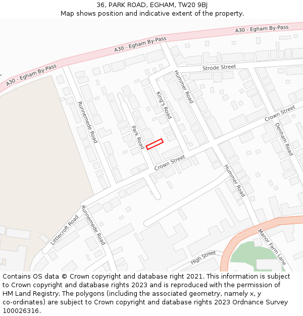36, PARK ROAD, EGHAM, TW20 9BJ: Location map and indicative extent of plot
