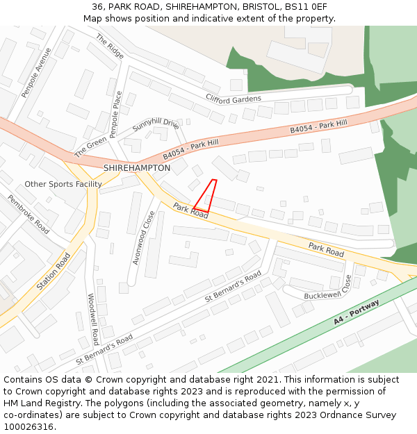 36, PARK ROAD, SHIREHAMPTON, BRISTOL, BS11 0EF: Location map and indicative extent of plot