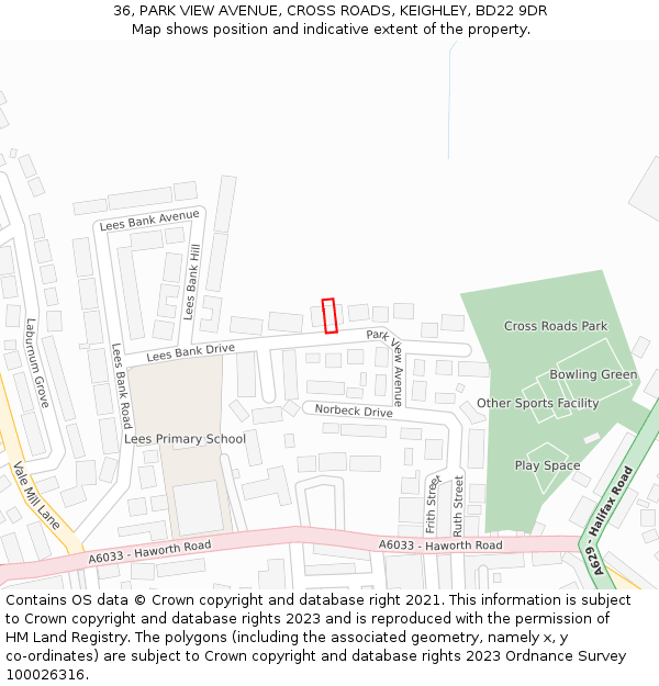 36, PARK VIEW AVENUE, CROSS ROADS, KEIGHLEY, BD22 9DR: Location map and indicative extent of plot