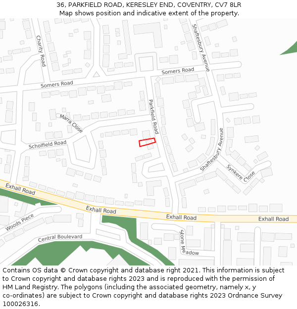 36, PARKFIELD ROAD, KERESLEY END, COVENTRY, CV7 8LR: Location map and indicative extent of plot