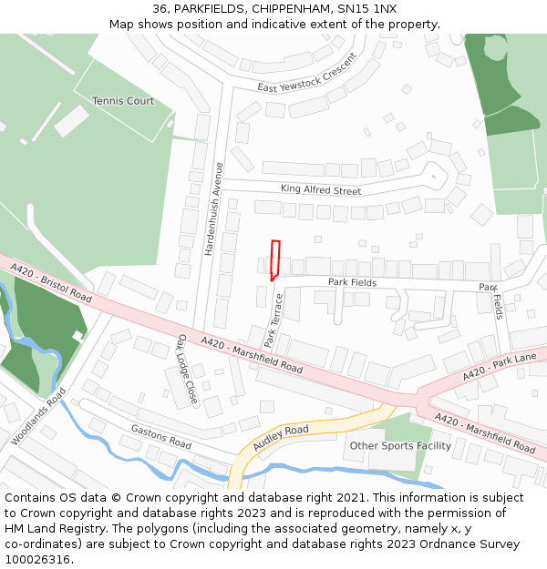 36, PARKFIELDS, CHIPPENHAM, SN15 1NX: Location map and indicative extent of plot