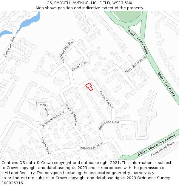 36, PARNELL AVENUE, LICHFIELD, WS13 6NX: Location map and indicative extent of plot