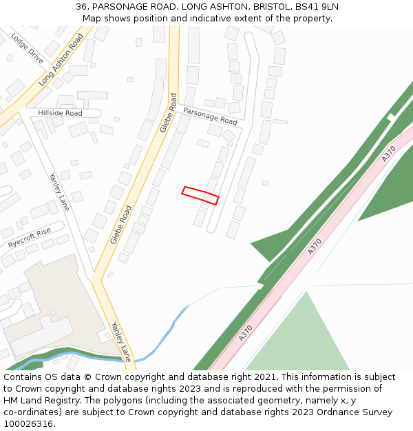 36, PARSONAGE ROAD, LONG ASHTON, BRISTOL, BS41 9LN: Location map and indicative extent of plot