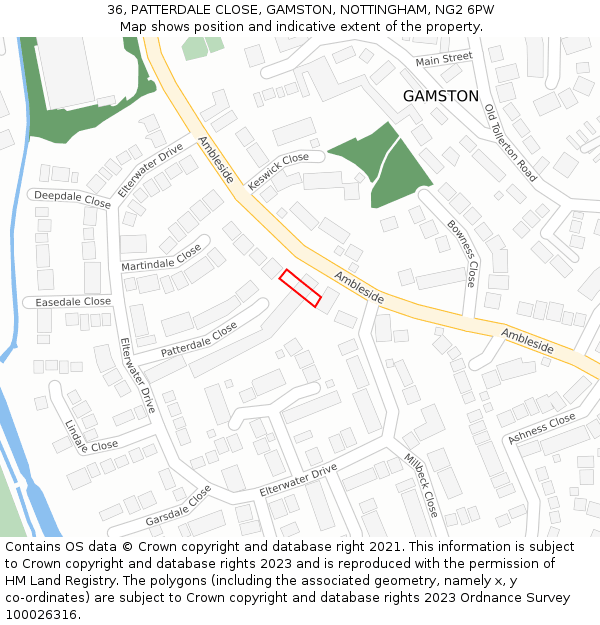 36, PATTERDALE CLOSE, GAMSTON, NOTTINGHAM, NG2 6PW: Location map and indicative extent of plot