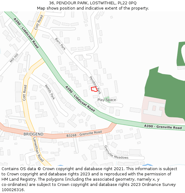 36, PENDOUR PARK, LOSTWITHIEL, PL22 0PQ: Location map and indicative extent of plot