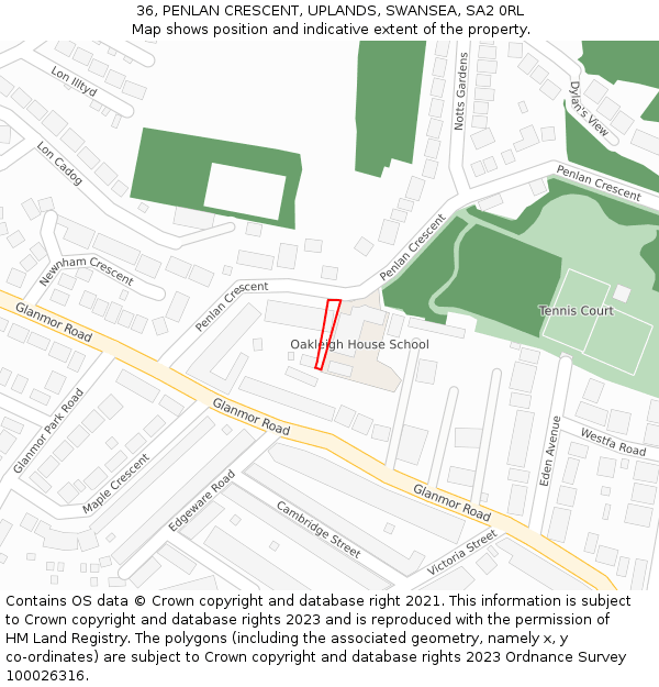 36, PENLAN CRESCENT, UPLANDS, SWANSEA, SA2 0RL: Location map and indicative extent of plot