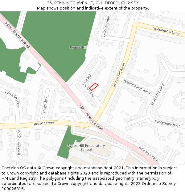 36, PENNINGS AVENUE, GUILDFORD, GU2 9SX: Location map and indicative extent of plot