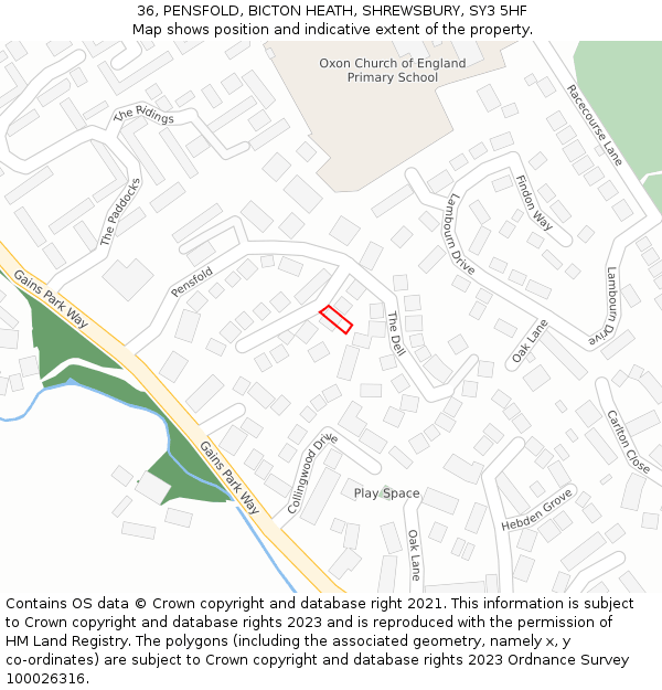 36, PENSFOLD, BICTON HEATH, SHREWSBURY, SY3 5HF: Location map and indicative extent of plot