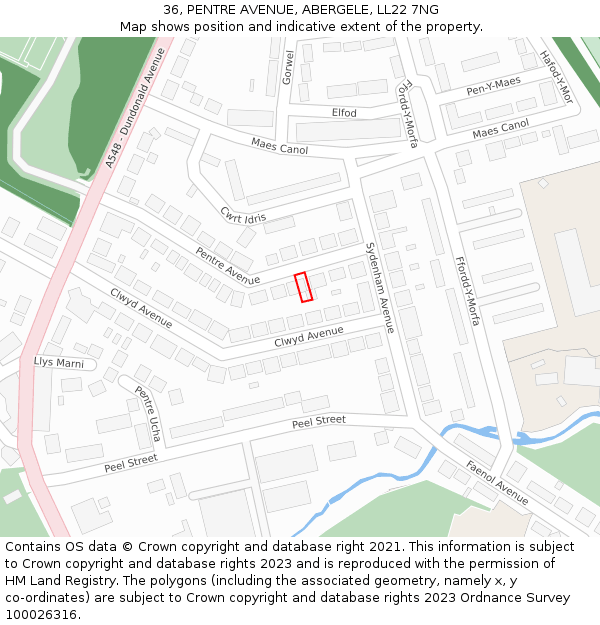 36, PENTRE AVENUE, ABERGELE, LL22 7NG: Location map and indicative extent of plot