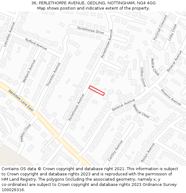 36, PERLETHORPE AVENUE, GEDLING, NOTTINGHAM, NG4 4GG: Location map and indicative extent of plot