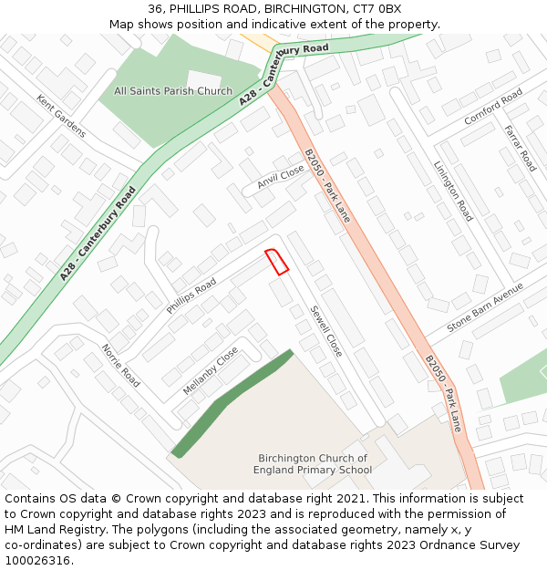 36, PHILLIPS ROAD, BIRCHINGTON, CT7 0BX: Location map and indicative extent of plot