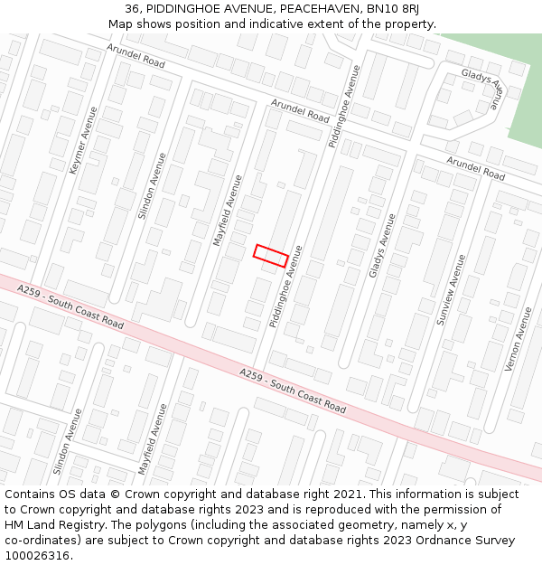 36, PIDDINGHOE AVENUE, PEACEHAVEN, BN10 8RJ: Location map and indicative extent of plot