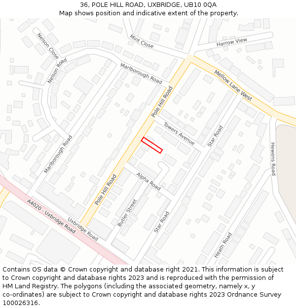 36, POLE HILL ROAD, UXBRIDGE, UB10 0QA: Location map and indicative extent of plot