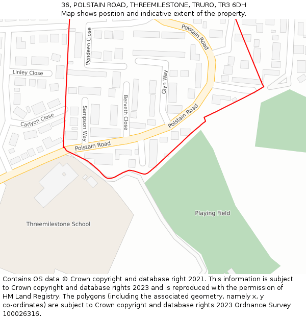 36, POLSTAIN ROAD, THREEMILESTONE, TRURO, TR3 6DH: Location map and indicative extent of plot