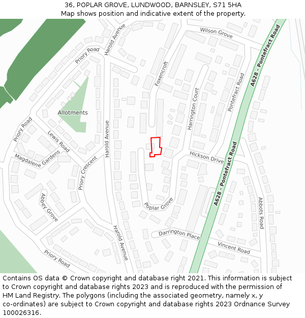 36, POPLAR GROVE, LUNDWOOD, BARNSLEY, S71 5HA: Location map and indicative extent of plot