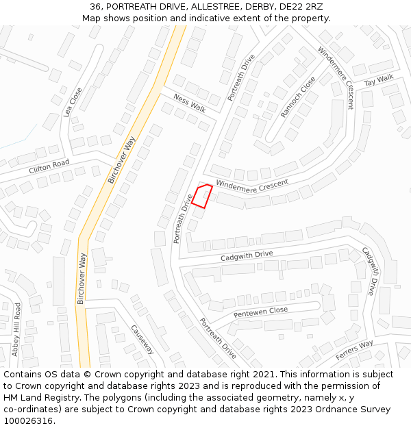 36, PORTREATH DRIVE, ALLESTREE, DERBY, DE22 2RZ: Location map and indicative extent of plot