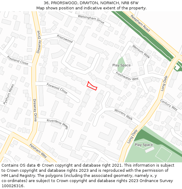 36, PRIORSWOOD, DRAYTON, NORWICH, NR8 6FW: Location map and indicative extent of plot