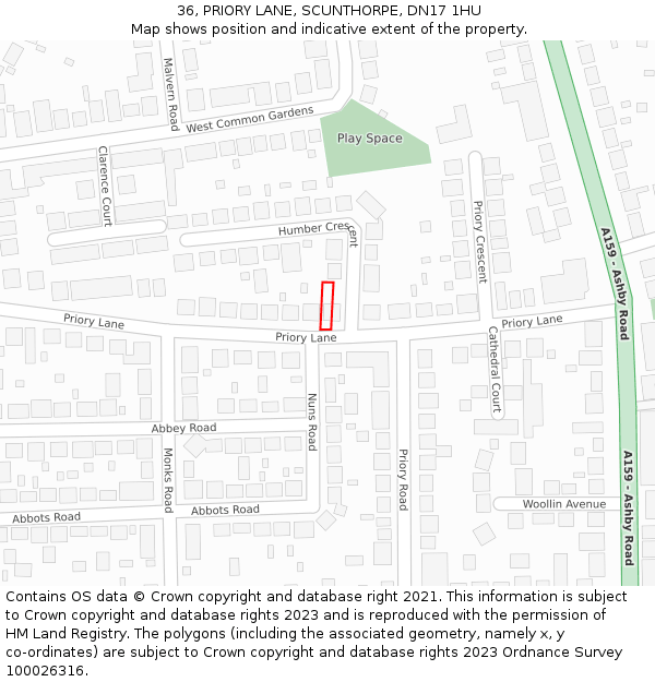 36, PRIORY LANE, SCUNTHORPE, DN17 1HU: Location map and indicative extent of plot