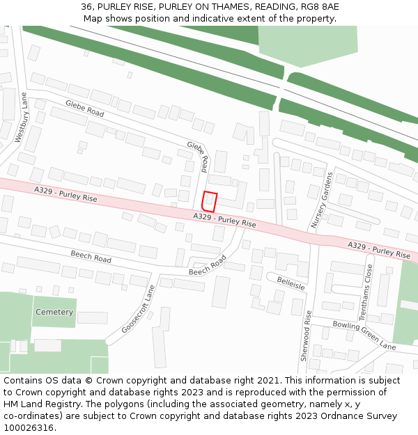 36, PURLEY RISE, PURLEY ON THAMES, READING, RG8 8AE: Location map and indicative extent of plot