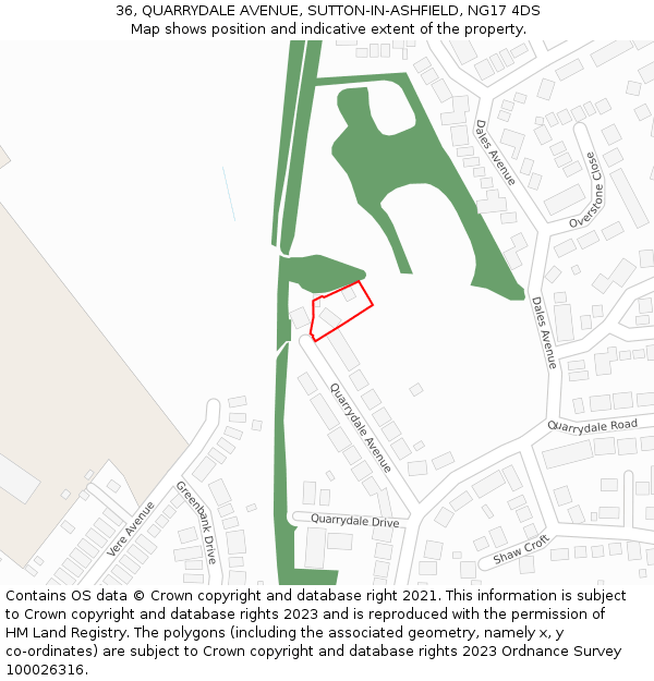 36, QUARRYDALE AVENUE, SUTTON-IN-ASHFIELD, NG17 4DS: Location map and indicative extent of plot