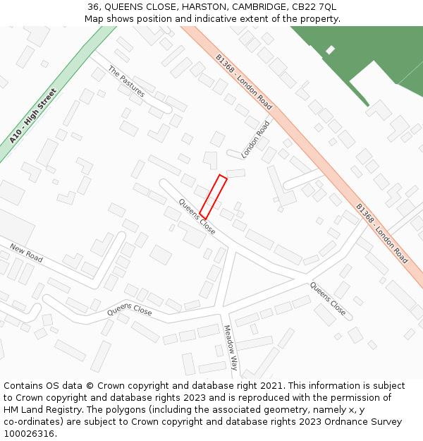 36, QUEENS CLOSE, HARSTON, CAMBRIDGE, CB22 7QL: Location map and indicative extent of plot