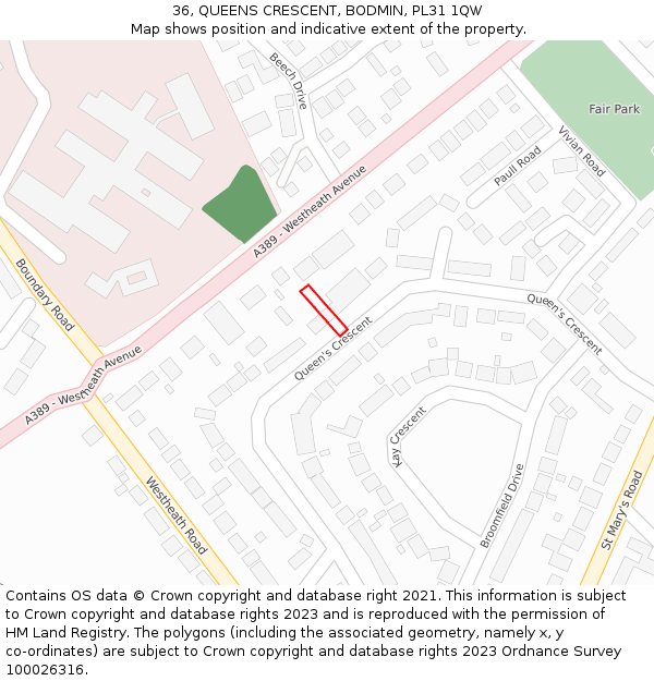 36, QUEENS CRESCENT, BODMIN, PL31 1QW: Location map and indicative extent of plot