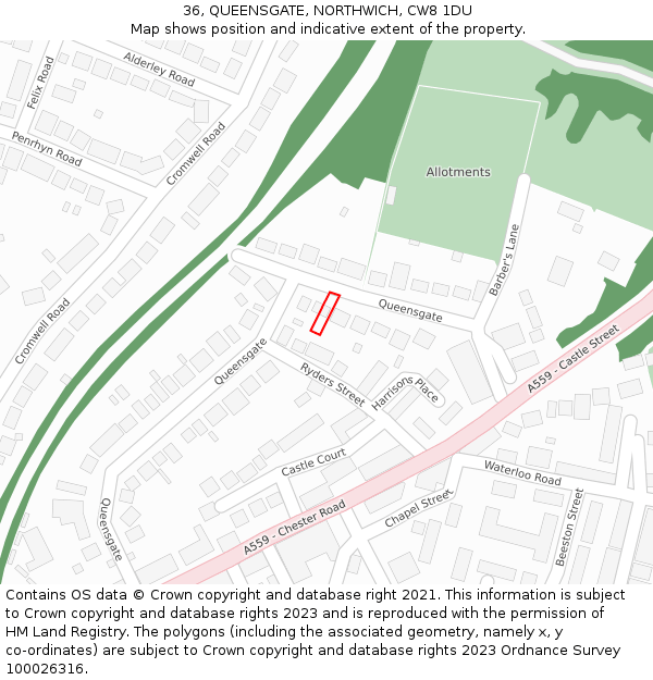 36, QUEENSGATE, NORTHWICH, CW8 1DU: Location map and indicative extent of plot