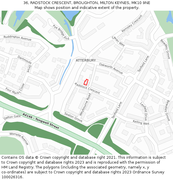 36, RADSTOCK CRESCENT, BROUGHTON, MILTON KEYNES, MK10 9NE: Location map and indicative extent of plot