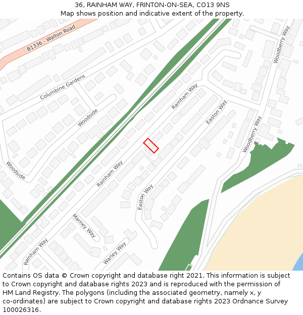 36, RAINHAM WAY, FRINTON-ON-SEA, CO13 9NS: Location map and indicative extent of plot