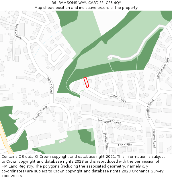 36, RAMSONS WAY, CARDIFF, CF5 4QY: Location map and indicative extent of plot