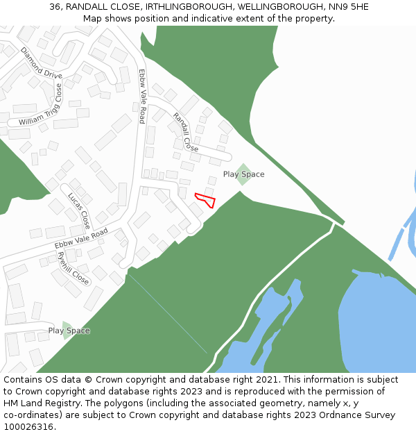 36, RANDALL CLOSE, IRTHLINGBOROUGH, WELLINGBOROUGH, NN9 5HE: Location map and indicative extent of plot