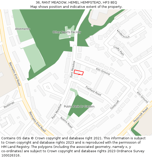 36, RANT MEADOW, HEMEL HEMPSTEAD, HP3 8EQ: Location map and indicative extent of plot