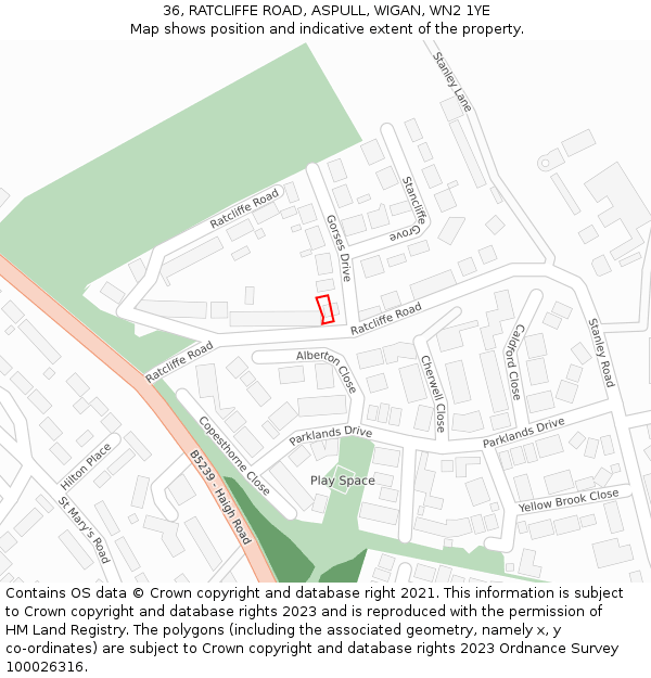 36, RATCLIFFE ROAD, ASPULL, WIGAN, WN2 1YE: Location map and indicative extent of plot