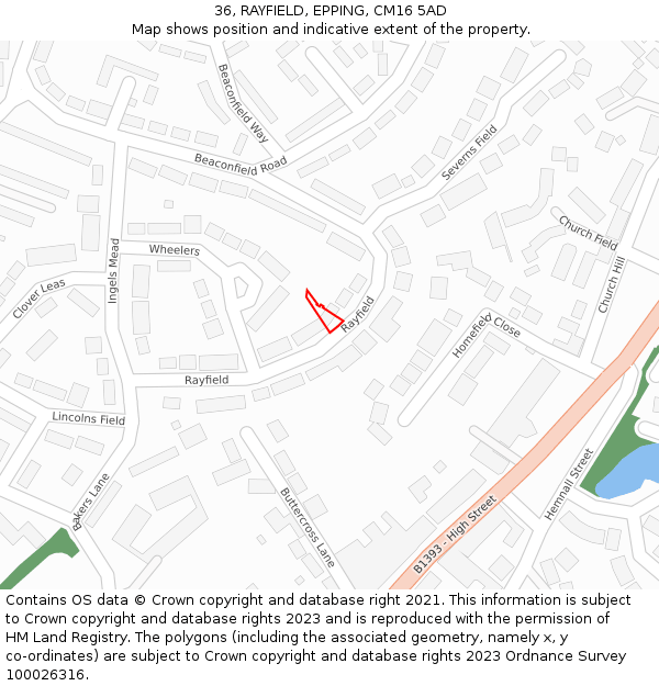 36, RAYFIELD, EPPING, CM16 5AD: Location map and indicative extent of plot