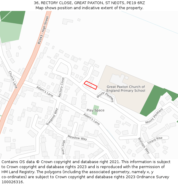 36, RECTORY CLOSE, GREAT PAXTON, ST NEOTS, PE19 6RZ: Location map and indicative extent of plot