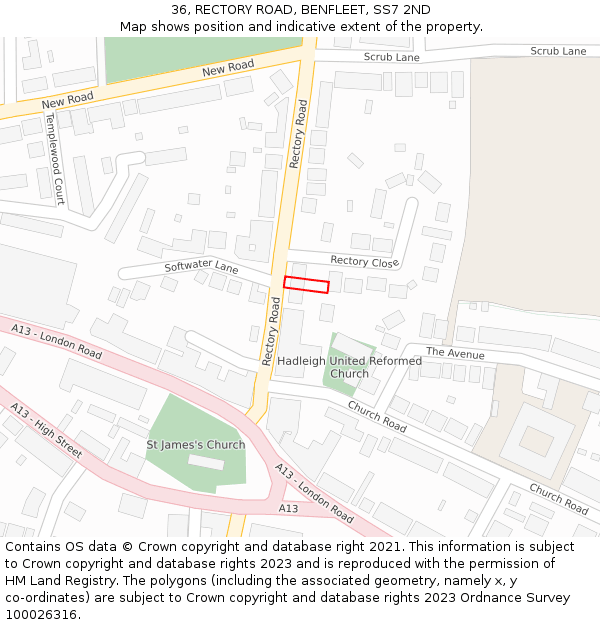 36, RECTORY ROAD, BENFLEET, SS7 2ND: Location map and indicative extent of plot