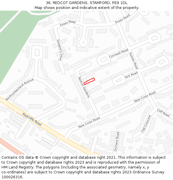 36, REDCOT GARDENS, STAMFORD, PE9 1DL: Location map and indicative extent of plot