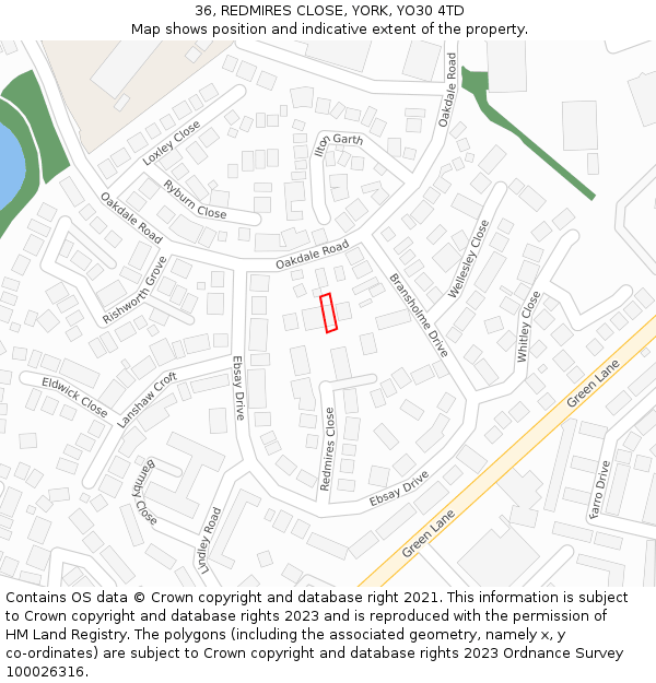 36, REDMIRES CLOSE, YORK, YO30 4TD: Location map and indicative extent of plot