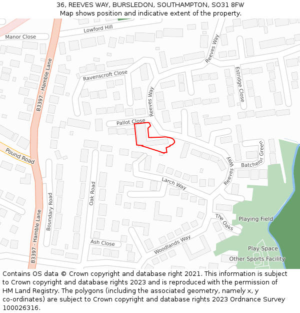 36, REEVES WAY, BURSLEDON, SOUTHAMPTON, SO31 8FW: Location map and indicative extent of plot